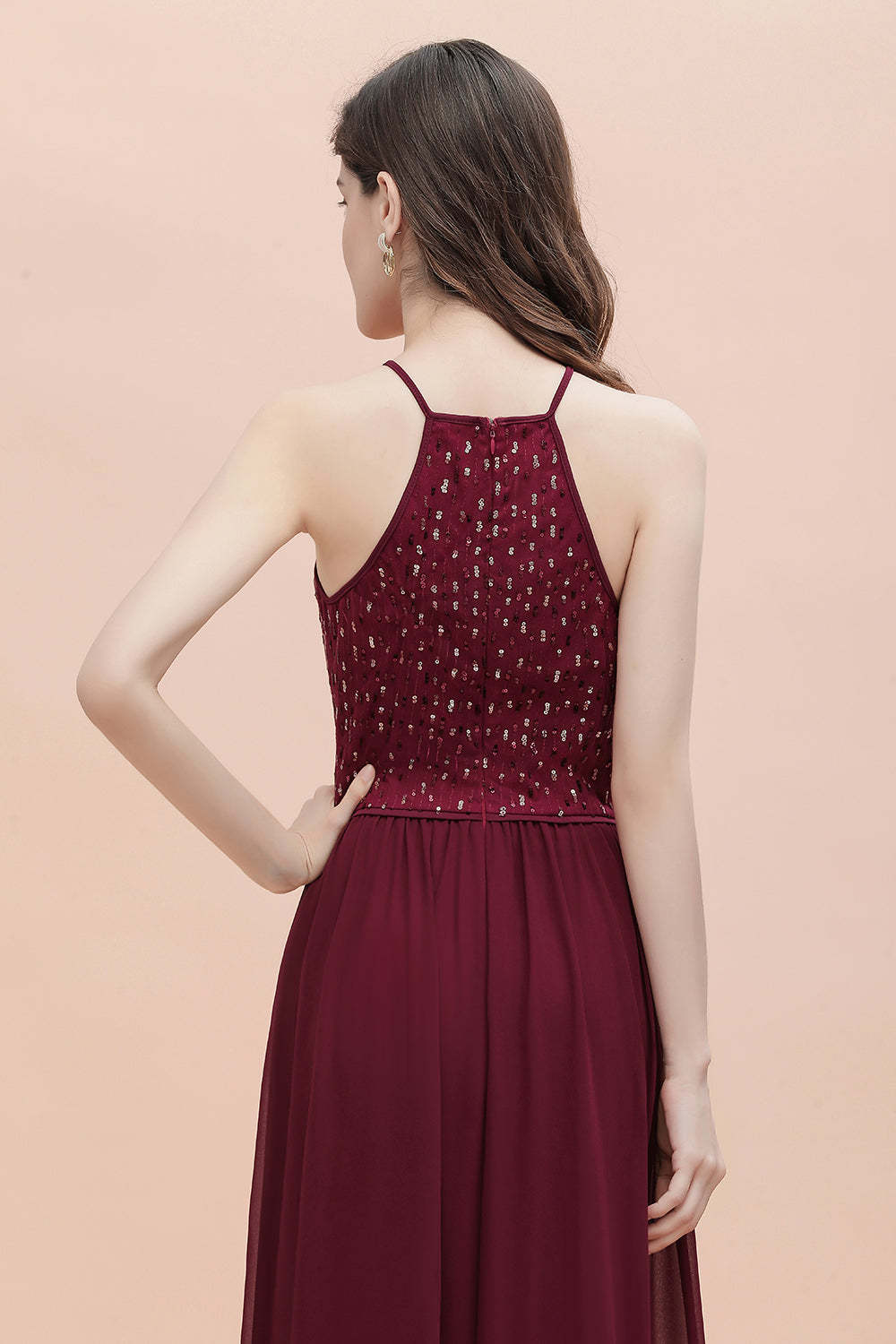 Chicloth Glamorous Halter A-line Bridesmaid Dress Chiffon Sequins Elegant Party Maxi Dress