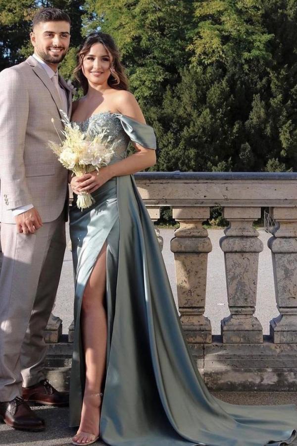 Chicloth Silver Grey Off-the-Shoulder Prom Dress Split With Appliques