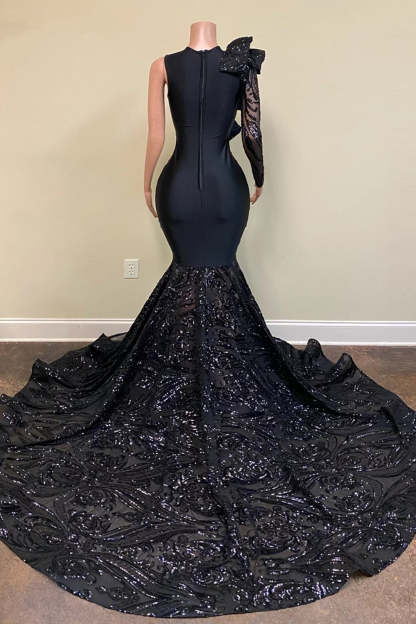Chicloth Black One Shoulder Long Sleeves Prom Dress Mermaid Sequins