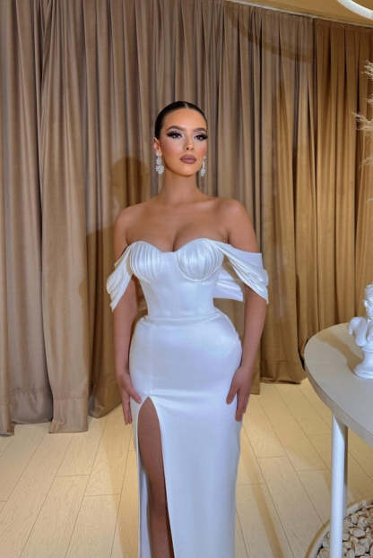 Chicloth Off-the-Shoulder White Prom Dress Mermaid Slit