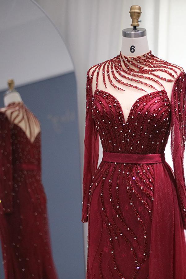 Chicloth Burgundy Long Sleeves Beadings Evening Dress High Neck Mermaid Party Gowns