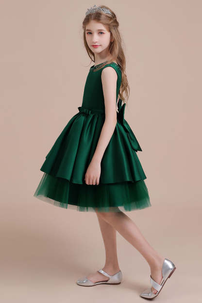 Chicloth A-Line Bow Beading Satin Tulle Flower Girl Dress On Sale