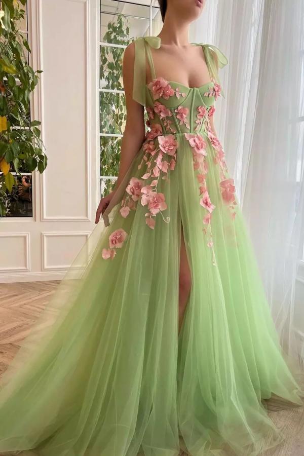 Chicloth Sage Green Tulle Prom Dress Sleeveless With Flowers
