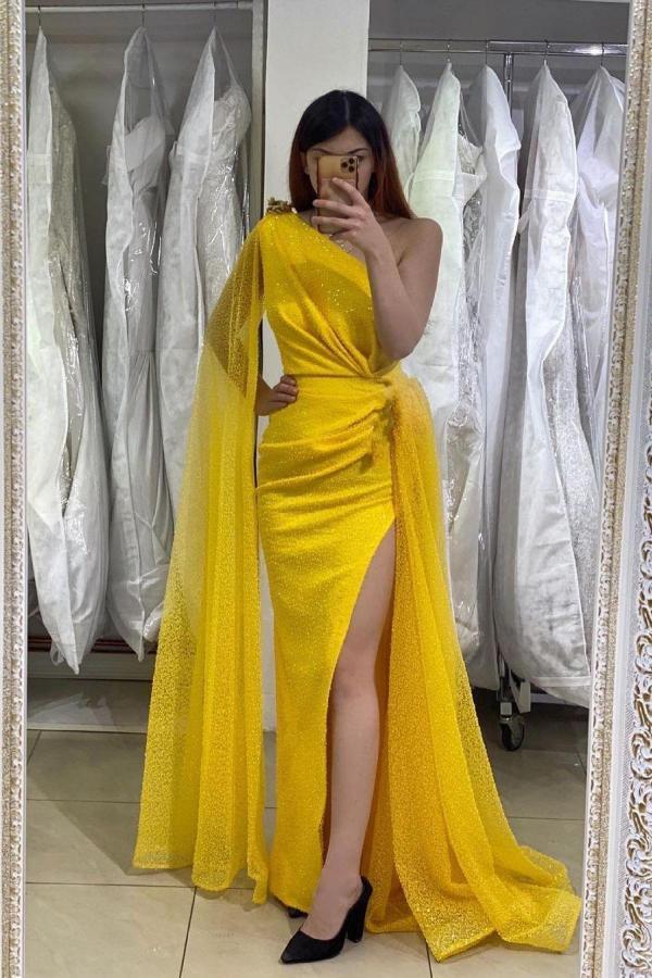 Chicloth Yellow One Shoulder Prom Dress Mermaid Split With Ruffle