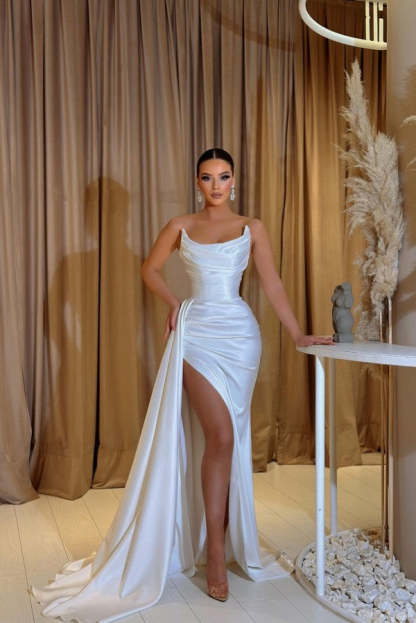 Chicloth White Strapless Prom Dress Mermaid Split Long With Ruffle
