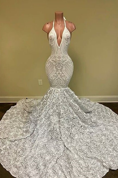 Sparkle White V-Neck Mermaid Fit and Flare Prom Dress