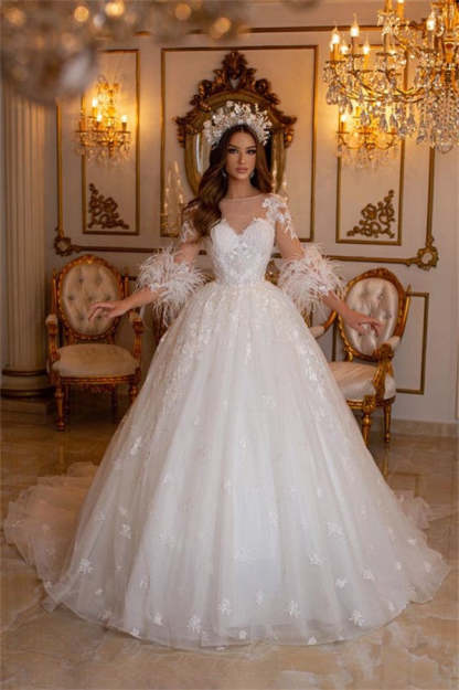 Chicloth Long Sleeves Princess Wedding Dress Ball Gown With Lace Feather