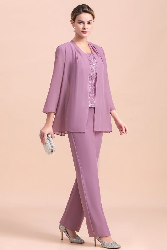 Chiffon 3 Pieces Mother of the Bride Dress Scoop Neck Floral Lace Lilac Jumpsuit Wedding Guest Dress