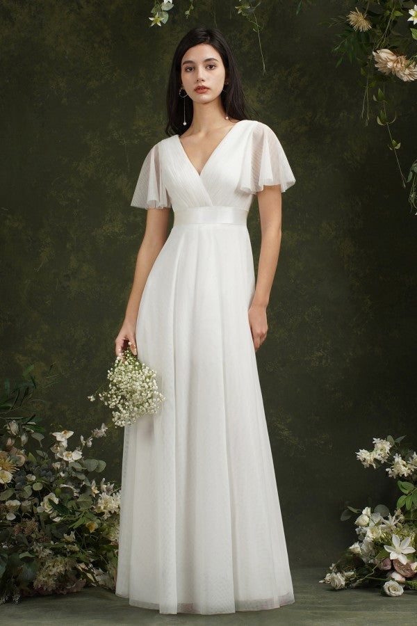 Chicloth Short Sleeves White Birdesmaid Dress Long Chiffon V-Neck