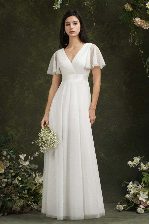 Chicloth Short Sleeves White Birdesmaid Dress Long Chiffon V-Neck