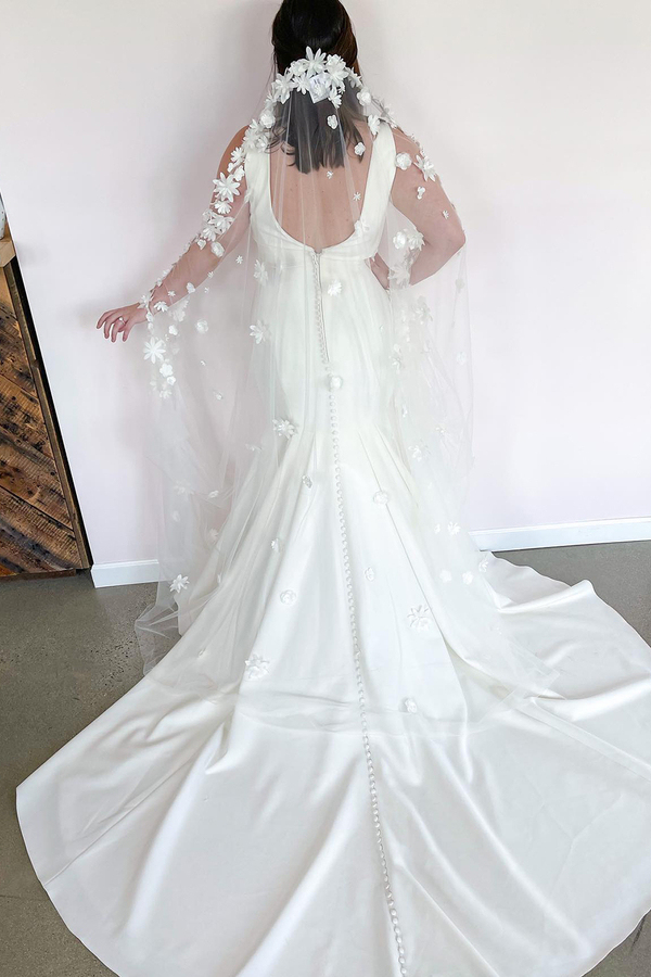 Deep V-Neck Backless Mermaid Wedding Dress with Wide Straps and Floor-Length Train