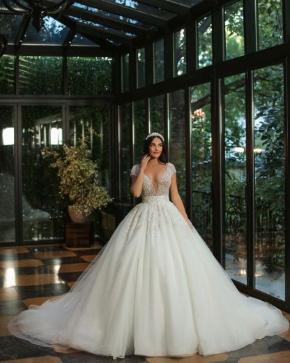 Chicloth Deep V-Neck Cap Sleeves Wedding Dress Ball Gown With Beads