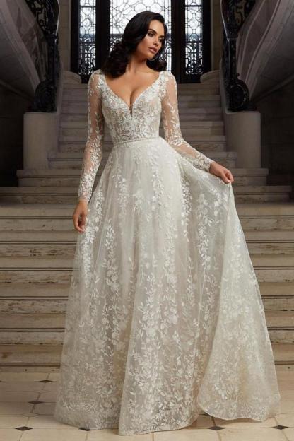 Chicloth Long Sleeves V-Neck Wedding Dress Applqiues Long