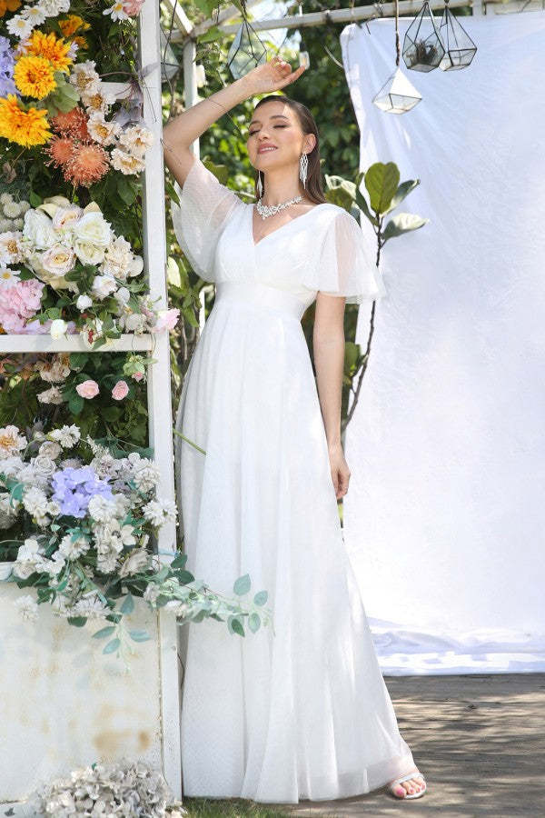 Chicloth Short Sleeves White Birdesmaid Dress Long Chiffon V-Neck