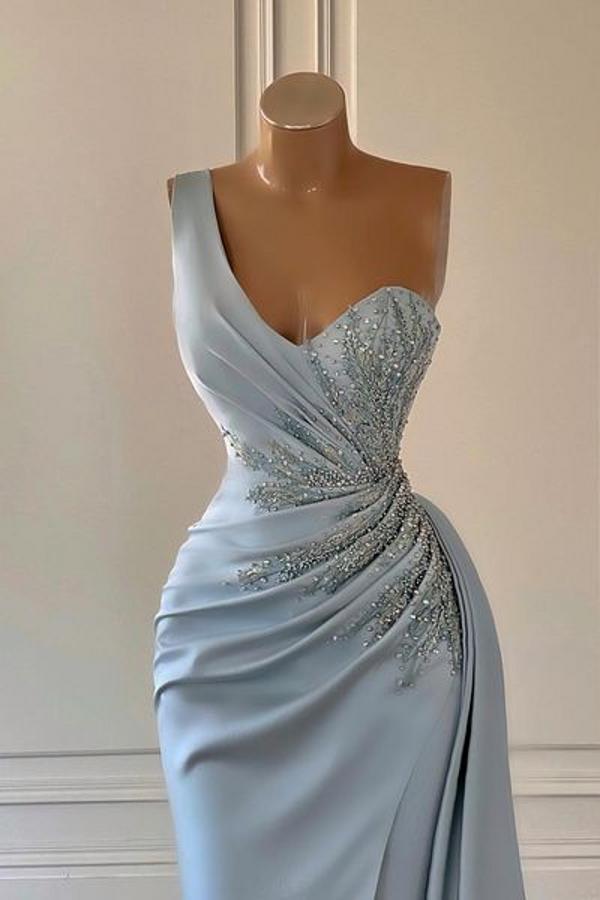 One-Shoulder Blue Mermaid Prom Dress with Pleats