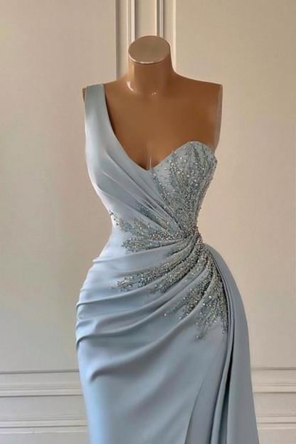 One-Shoulder Blue Mermaid Prom Dress with Pleats