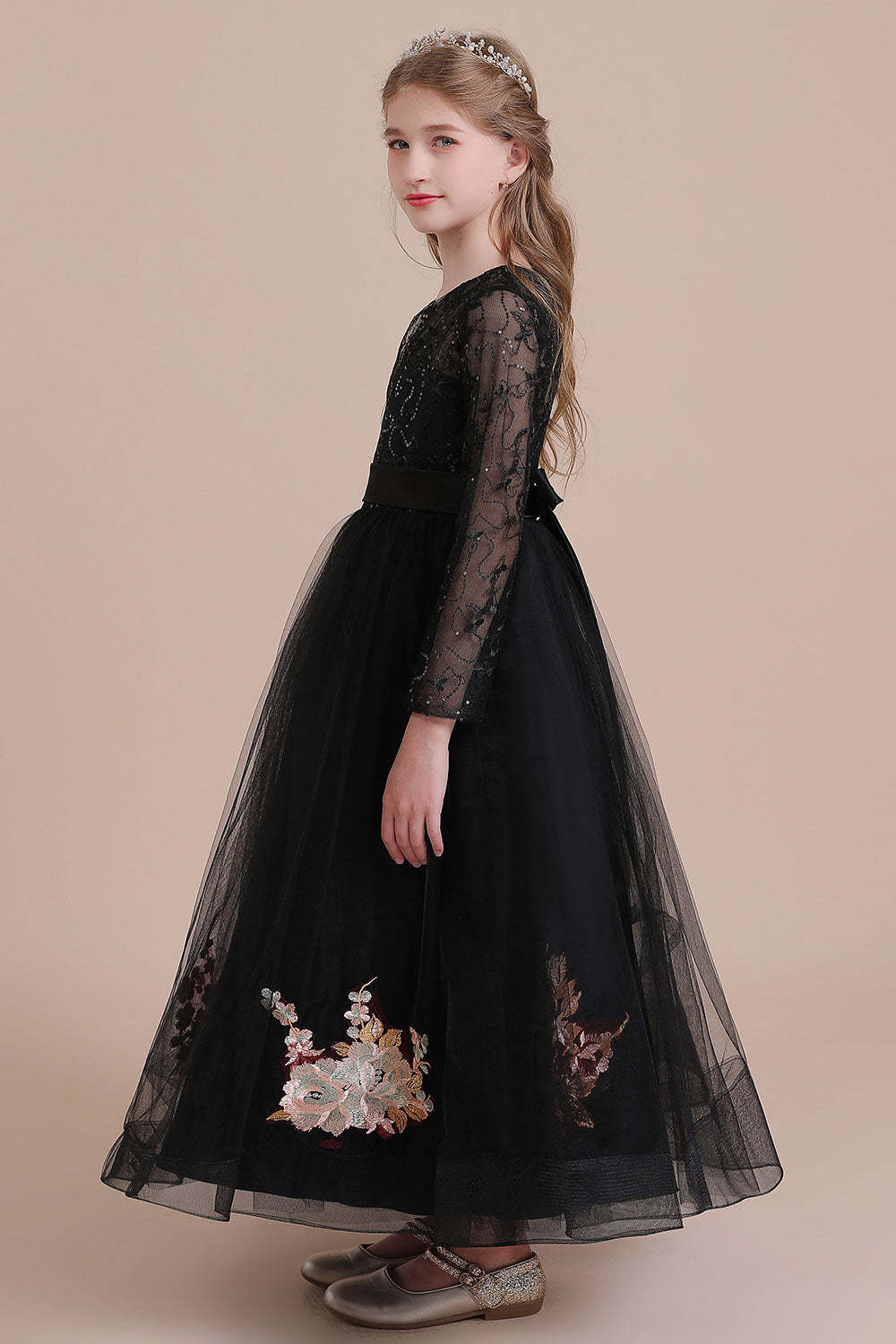 Chicloth A-Line Embroidered Long Sleeve Tulle Flower Girl Dress On Sale