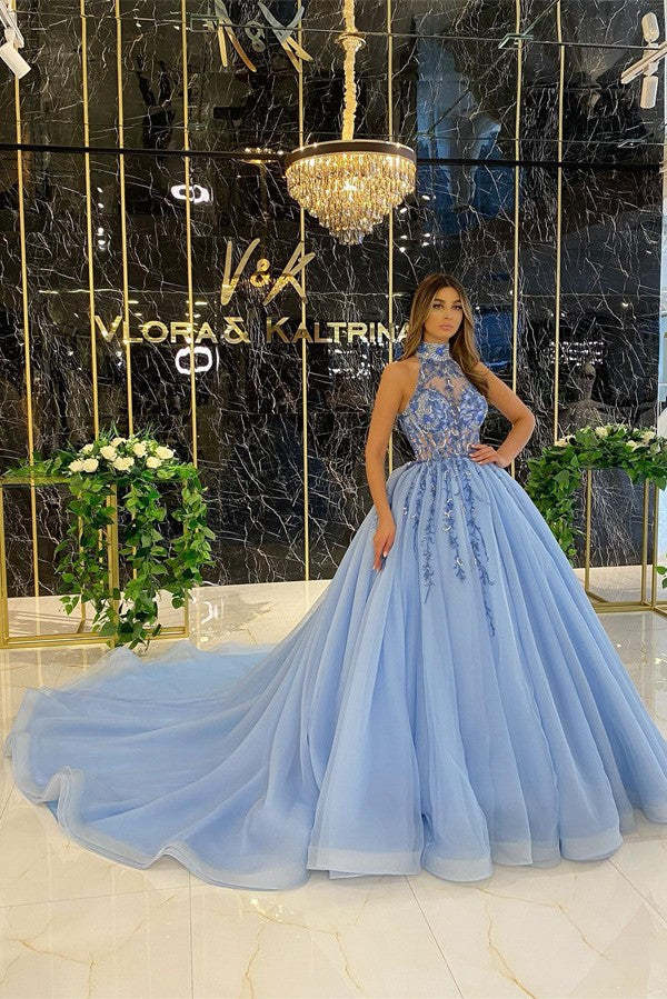 Chicloth High Neck Sleeveless Blue Prom Dress Tulle Ball gown With Appliques