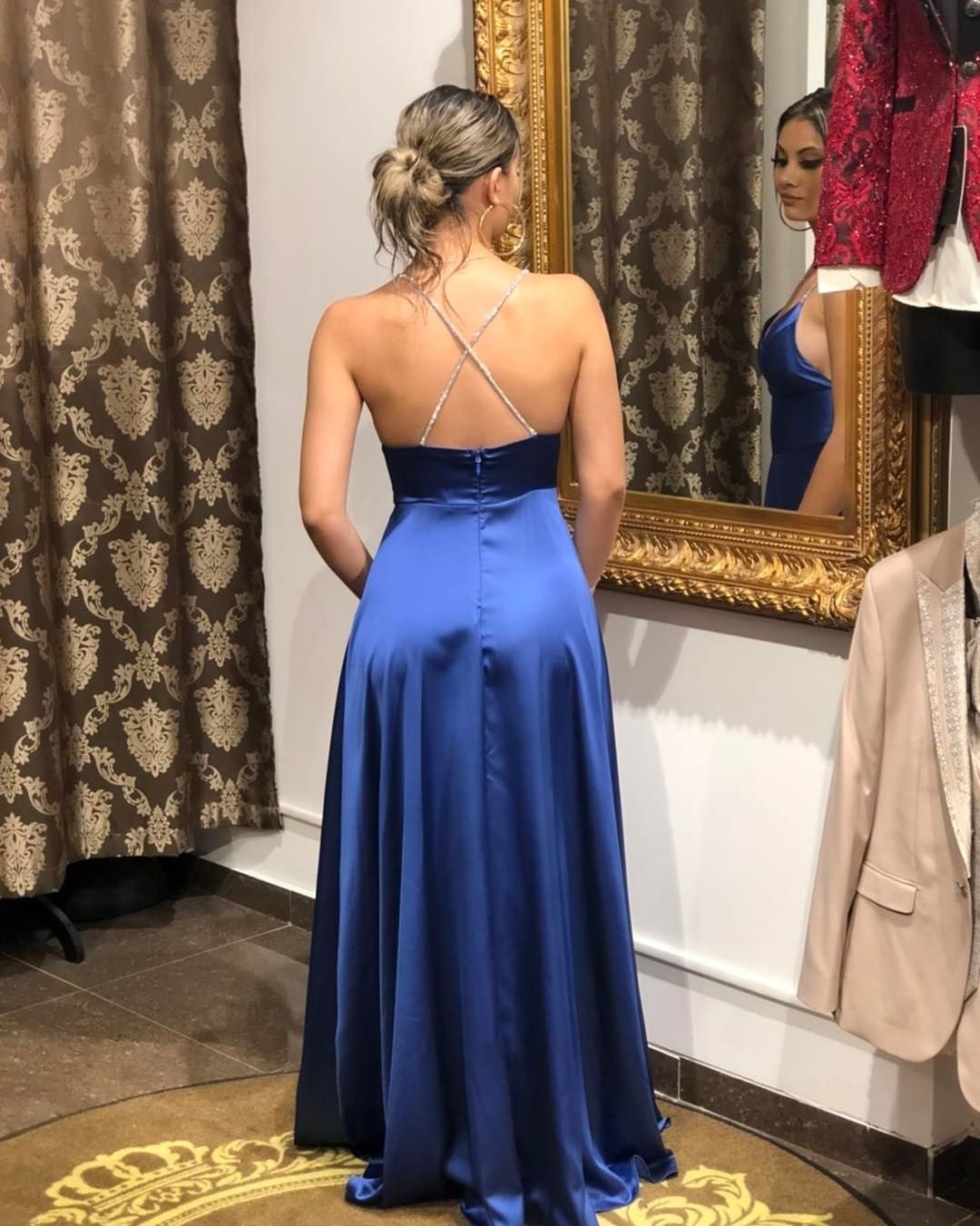 Chicloth Royal Blue Spaghetti-Straps Prom Dress Long With Slit