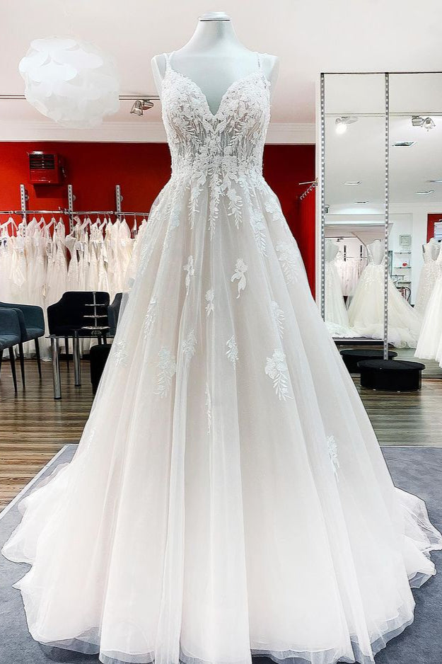 Chicloth Spaghetti Straps Tulle V Neck Ivory Ruffles Wedding Dresses With Lace