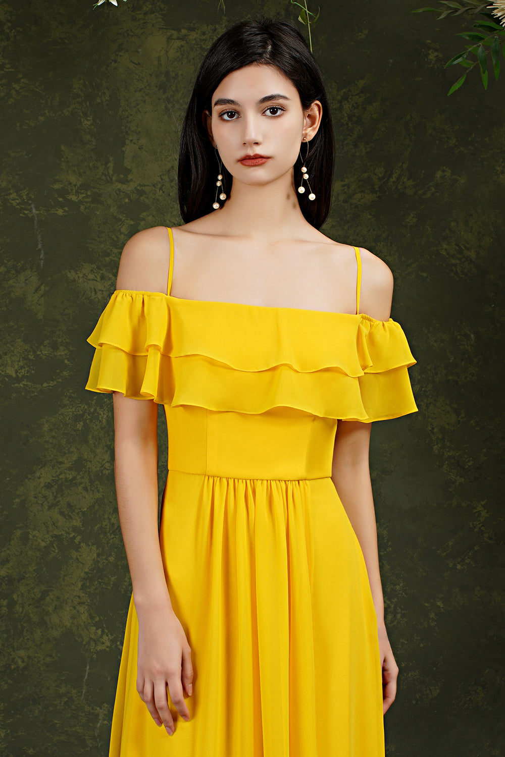 Chicloth Off-the-Shoulder Bridesmaid Dress Ruffles With Slit