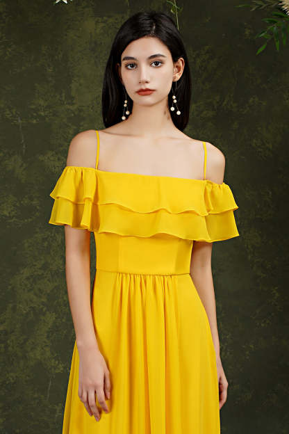 Chicloth Off-the-Shoulder Bridesmaid Dress Ruffles With Slit