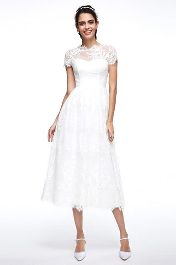 A-Line Wedding Dresses Jewel Neck Tea Length Lace Short Sleeve Simple Casual Illusion Backless