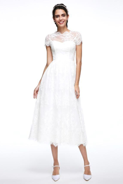 A-Line Wedding Dresses Jewel Neck Tea Length Lace Short Sleeve Simple Casual Illusion Backless