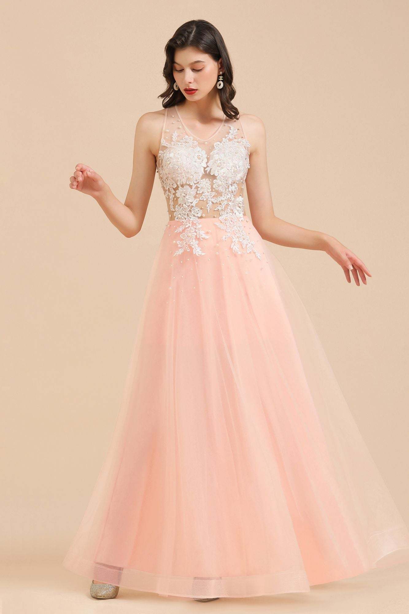 Chicloth Round Neck Lace Appliques Long Evening Prom Dress