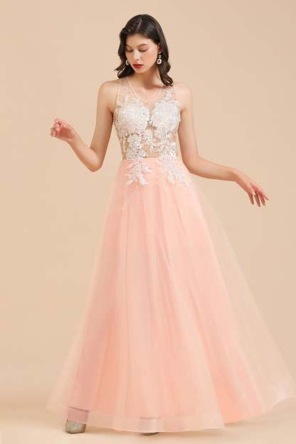 Chicloth Round Neck Lace Appliques Long Evening Prom Dress