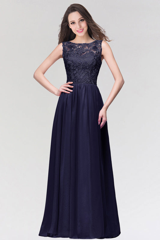 Amazing Jewel Neck Lace Chiffon Evening Dress Sleveless Floor Length Formal Dress - Navy Blue / US 2 - Prom Dresses