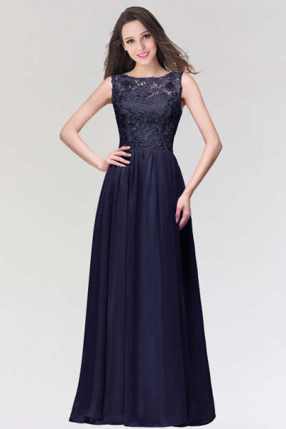 Amazing Jewel Neck Lace Chiffon Evening Dress Sleveless Floor Length Formal Dress - Navy Blue / US 2 - Prom Dresses
