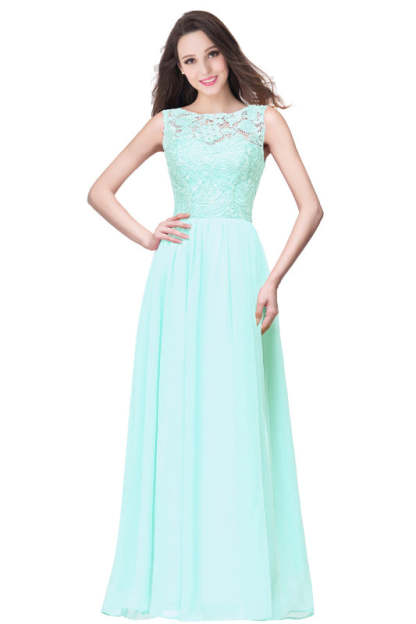 Amazing Jewel Neck Lace Chiffon Evening Dress Sleveless Floor Length Formal Dress - Mint / US 2 - Prom Dresses