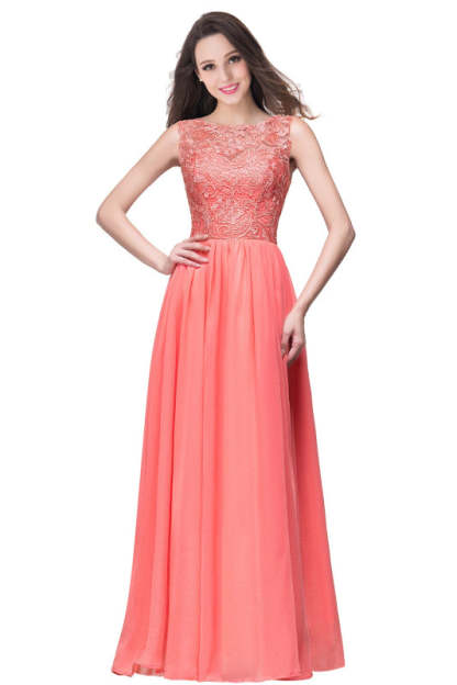 Amazing Jewel Neck Lace Chiffon Evening Dress Sleveless Floor Length Formal Dress - Coral / US 2 - Prom Dresses