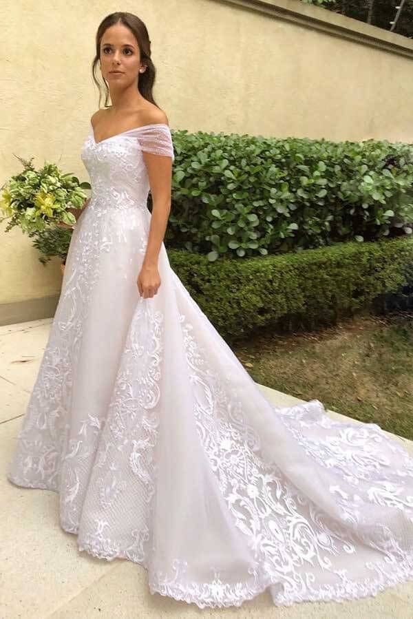 Off Shoulder White Floral Lace Appliques Bridal Gown Romantic Wedding Dress