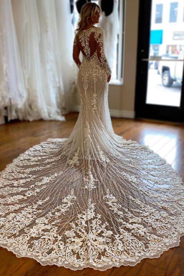 Chicloth Long Sleeves Mermaid Wedding Dress Lace V-Neck