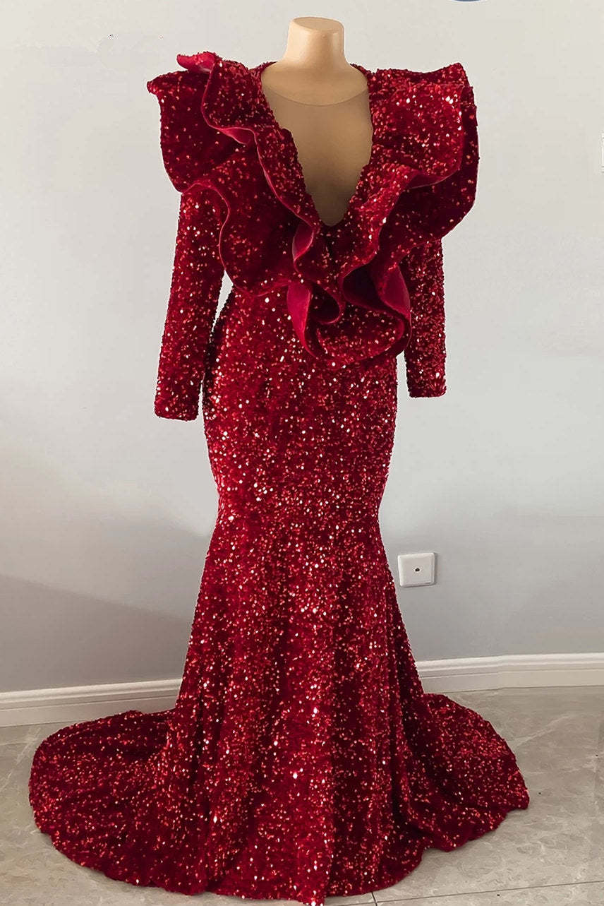 Chicloth Burgundy Prom Dress Mermaid V-Neck With Ruffle