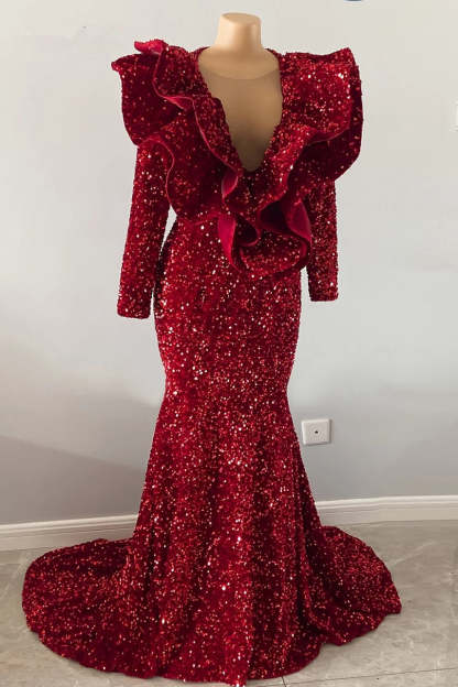 Chicloth Burgundy Prom Dress Mermaid V-Neck With Ruffle