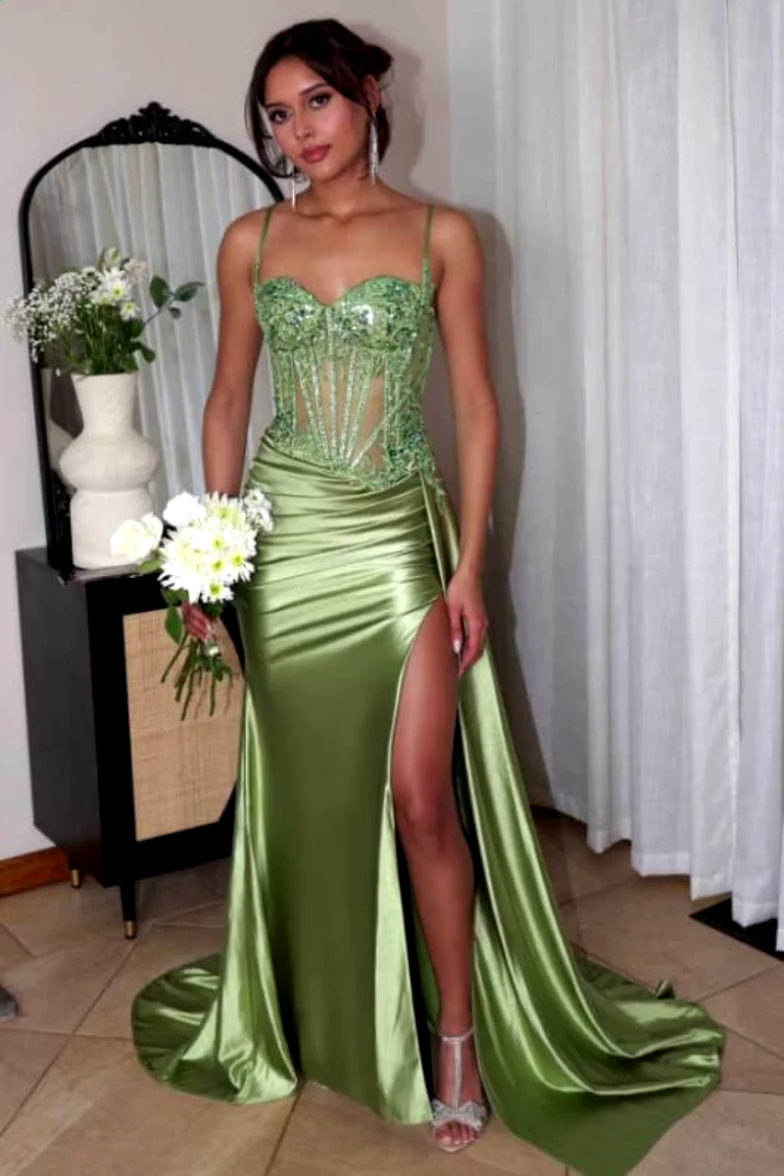 Chic Sweetheart Satin Side Slit Mermaid Prom Dress with Beadings