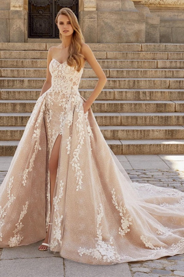 Chicloth Champagne Wedding Dress Overskirt Sweetheart With Lace Appliques