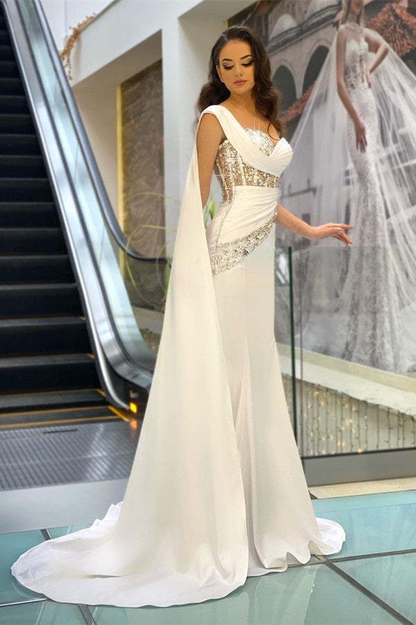 Chicloth One Shoulder White Prom Dress Mermaid Long Ruffle With Beads
