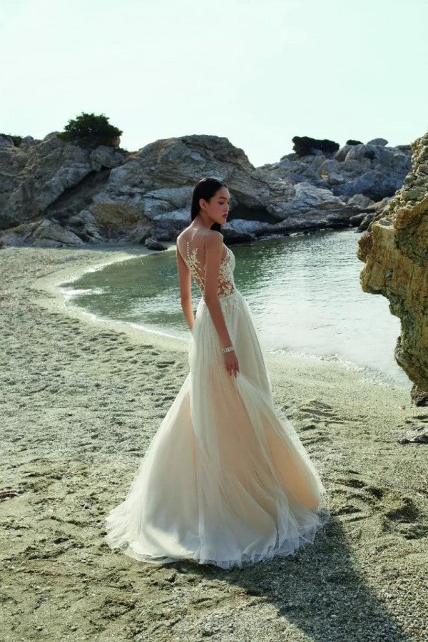 Chicloth Champagne Beach Wedding Dress Tulle Long With Lace