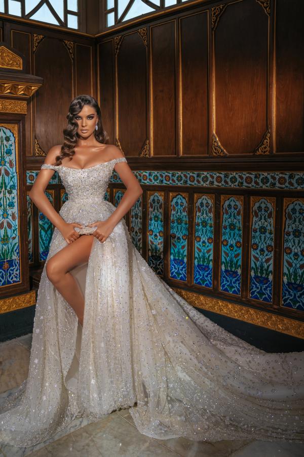 Chicloth Off-the-Shoulder Wedding Dress Beadings With Split Overskirt