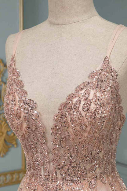 Chicloth Elegant Tulle Spaghetti Strap V-Neck Pink Prom Dress with Beading Appliques