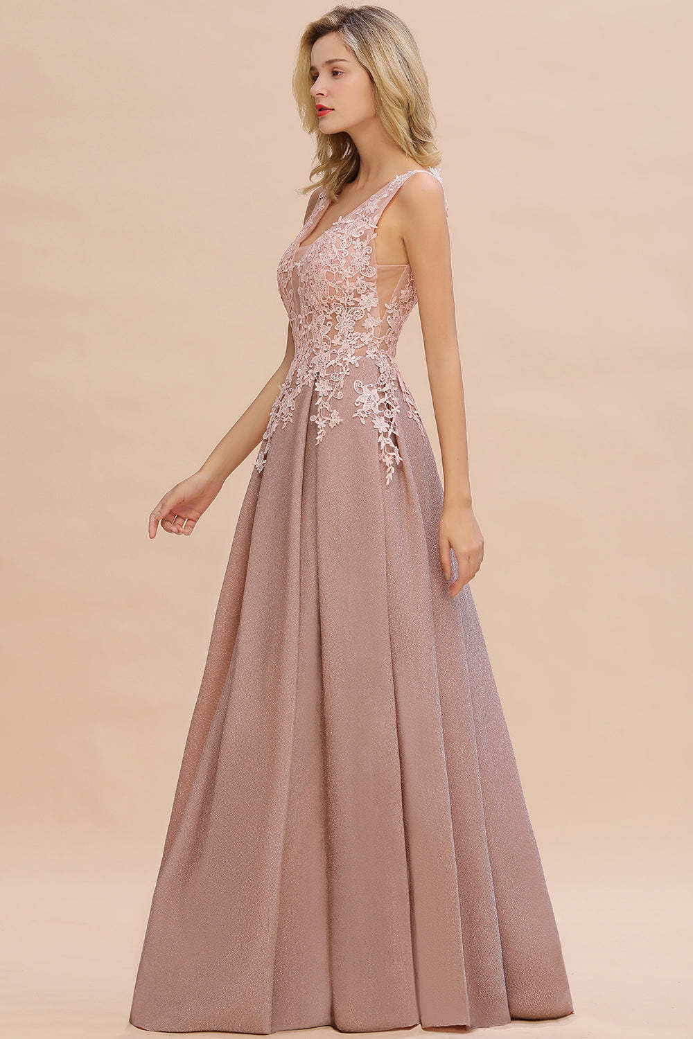 Chicloth Dusty Pink V-Neck Long Prom Dress With Lace Appliques Online