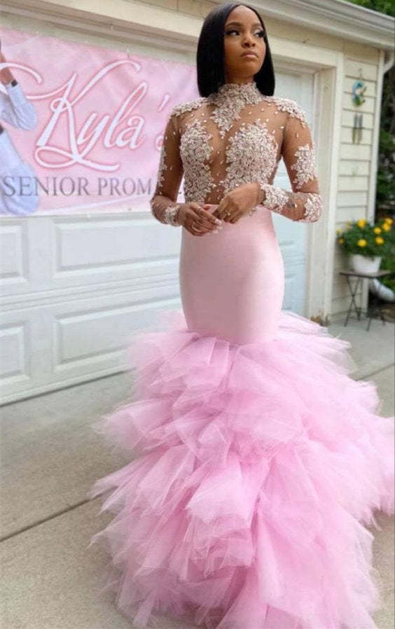 Chicloth Pink Long Sleeves Prom Dress Mermaid Tulle Ruffles With Appliques