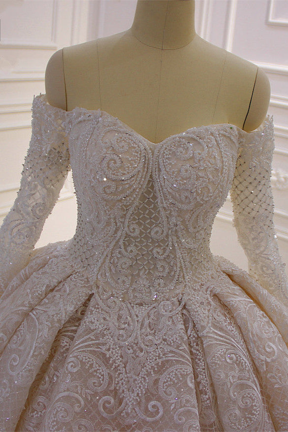Chicloth Gorgeous Ball Gown Strapless Sequins Wedding Dress Long Sleeves Tulle Lace Bridal Gowns On Sale
