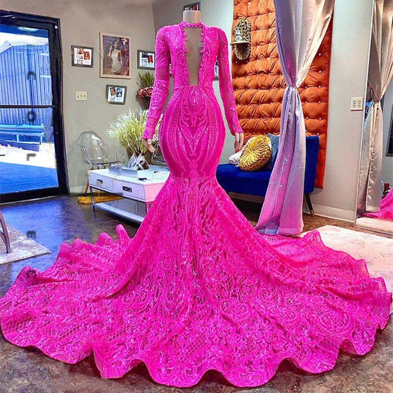 Chicloth Long Sleeves Fuchsia Prom Dress Mermaid Sequins Online