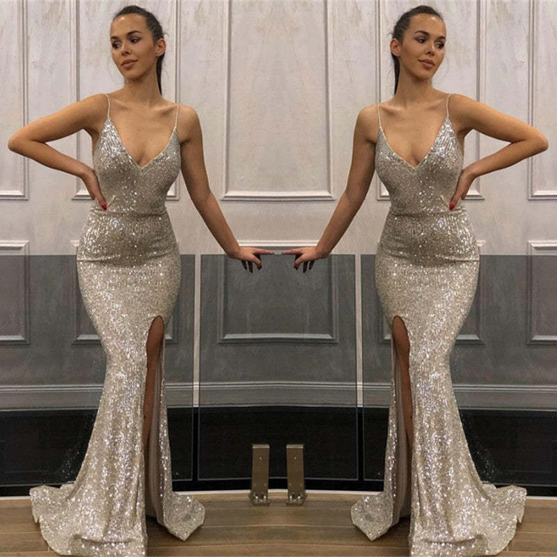 Chicloth Spaghetti-Straps Sequins Prom Dress Mermaid With Slit