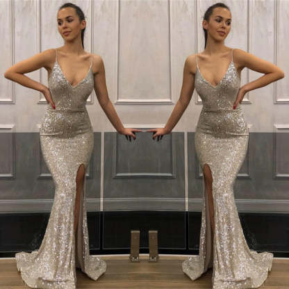 Chicloth Spaghetti-Straps Sequins Prom Dress Mermaid With Slit